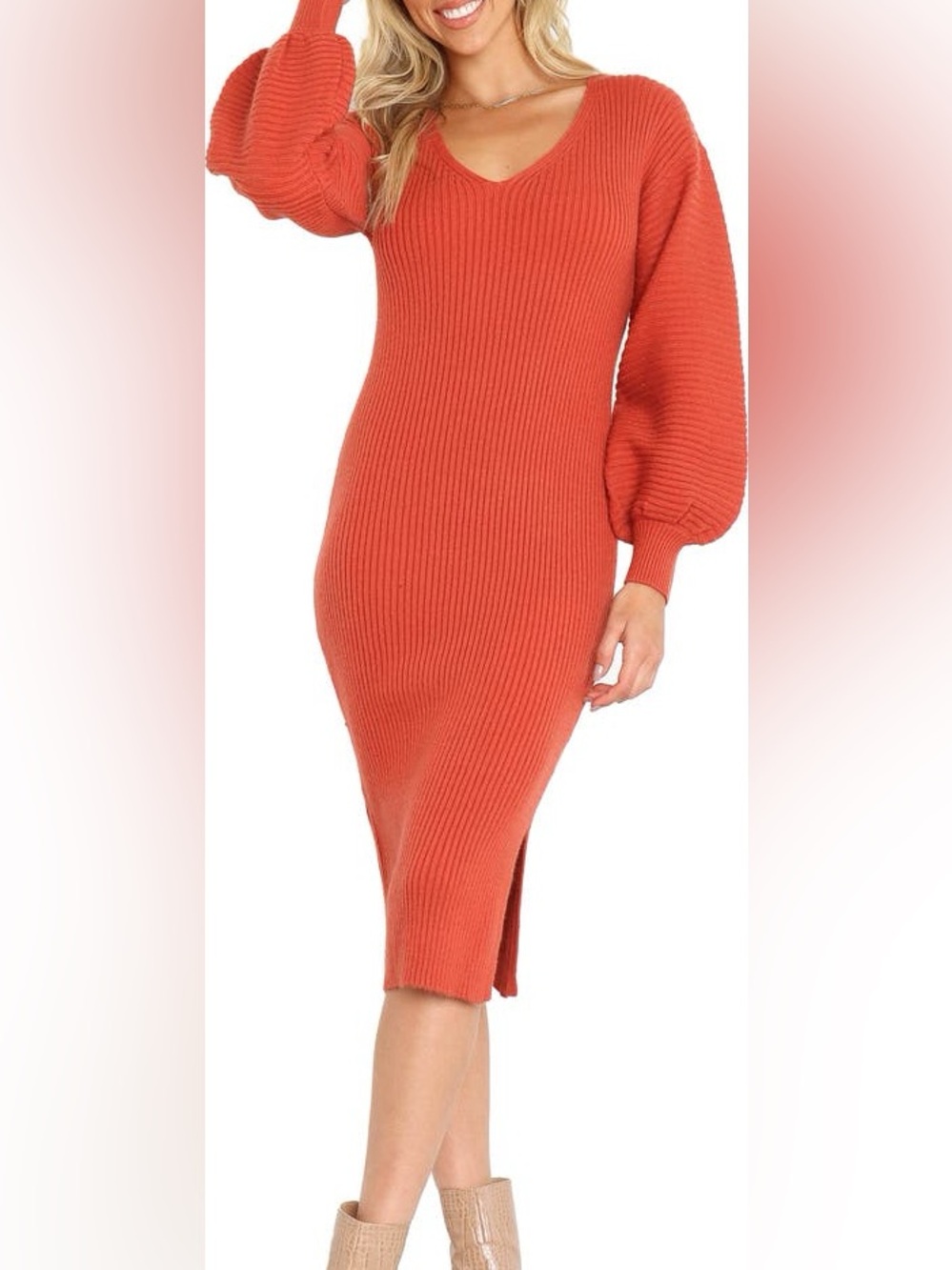 Petal & Pup Caledonia Knit Rust Side Slit Balloon Sleeve Midi Sweater‎ Dress